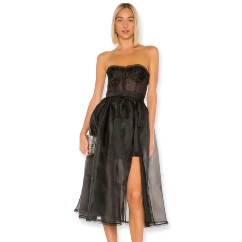 NWT REVOLVE NBD Imagine Boned Bodice Semi Sheer Side Slit Corset Gown in Black